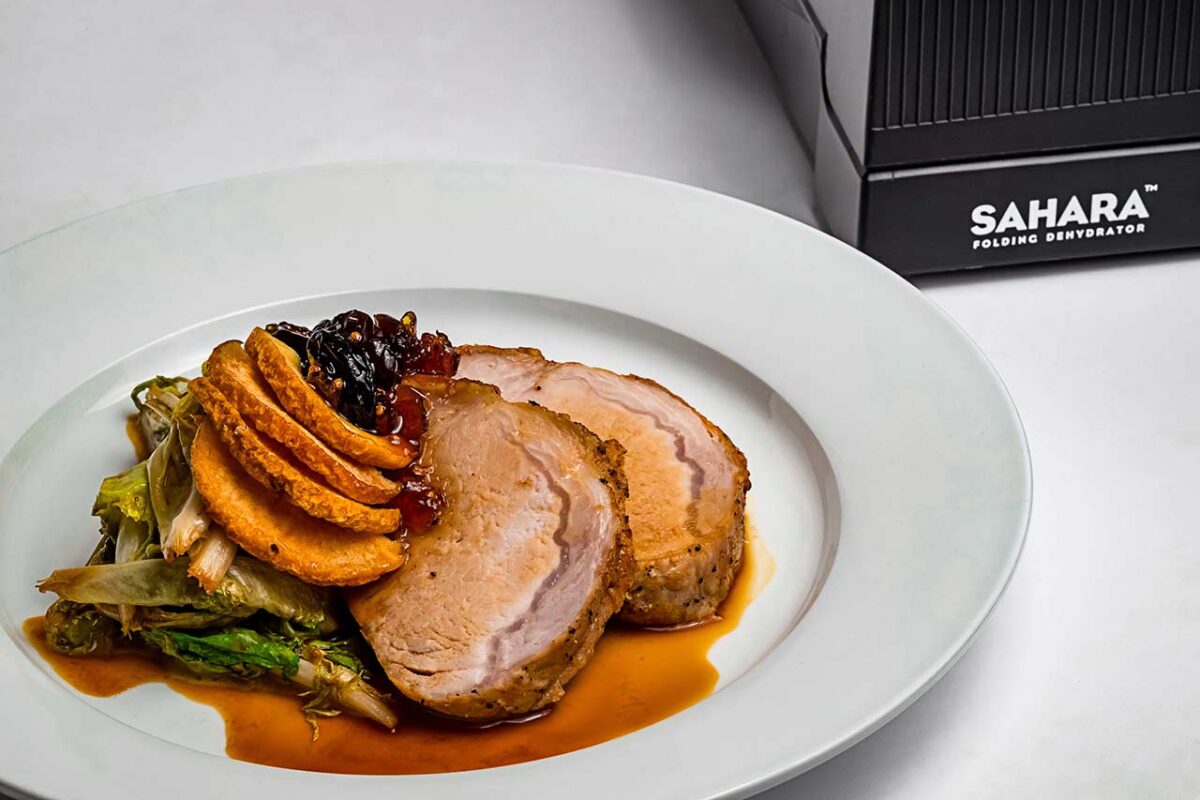 Roasted Pork Loin with Homemade Grape Chutney and Dehydrated Quince Chips Recipe